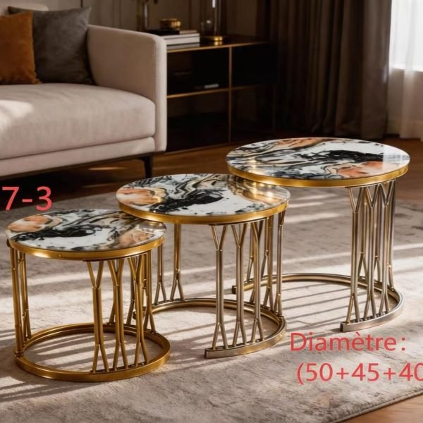 Table Basse Gigogne 3 en 1 – Plateau Effet Marbre & Structure Métallique Dorée
