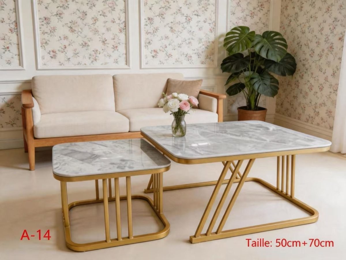 Table Centrale Gigogne 2 en 1 – Plateau Effet Marbre & Pieds Métal Doré